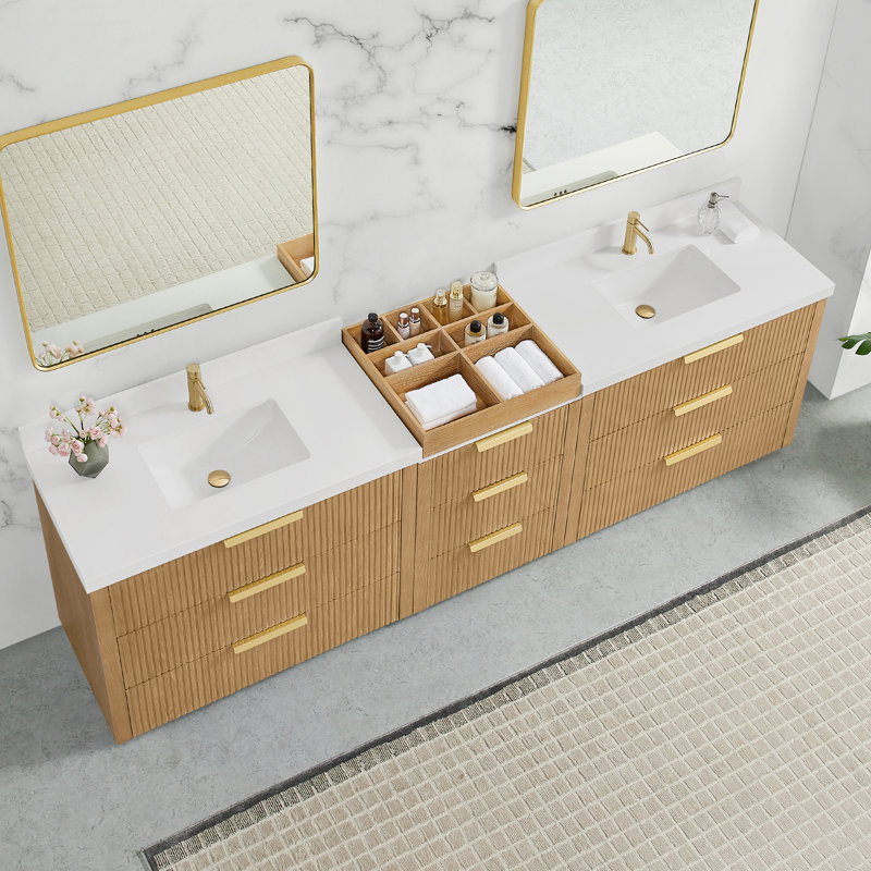 Santarem 108" Combine Free-standing Double Bath Vanity in Washed Ash Grey with White Quartz Stone Top, 108"