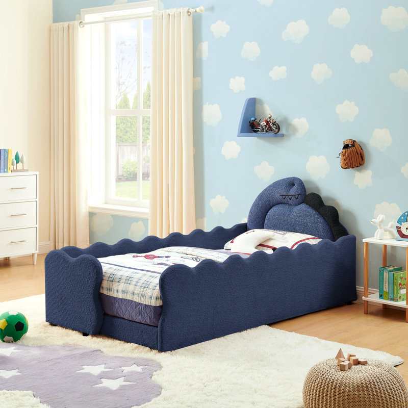 Lit simple pour enfant en forme de dinosaure avec garde-corps sécuritaire, base de lit pour tout-petit en bois massif, Marine