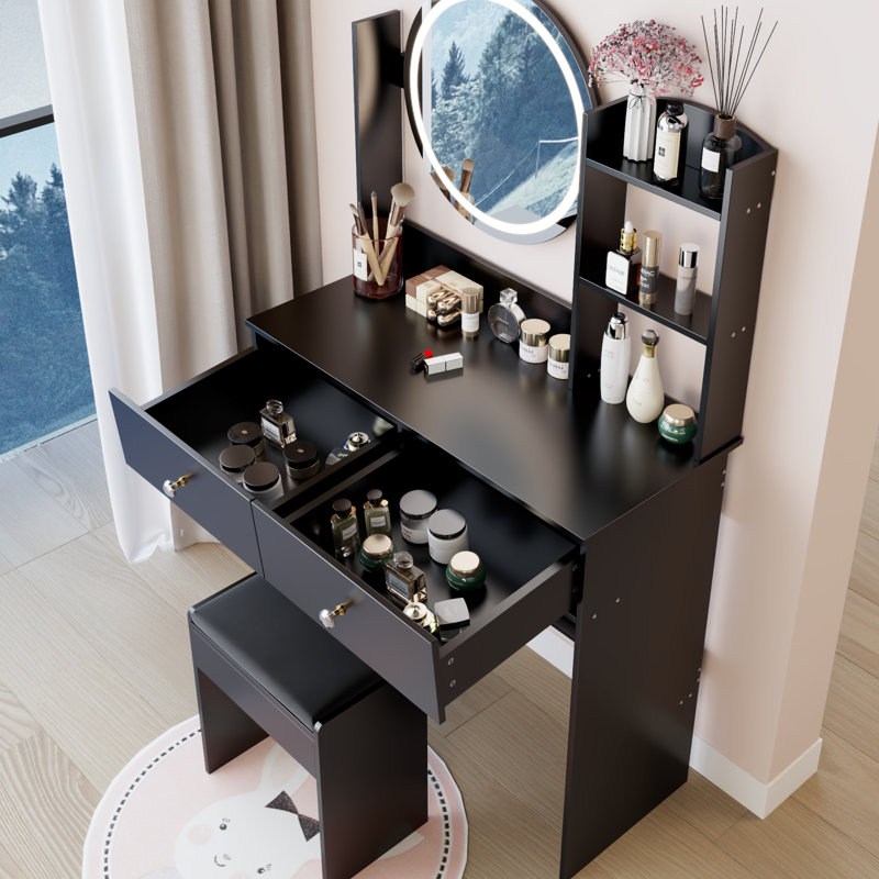 17" Round Led Mirror Dressing Table And Cushioned Seat, Touch - Operated 3 Color Lighting With Adjustable Brightness, Large Multi Layer Storage, Ideal For Small Guest Room Spaces, American Designed