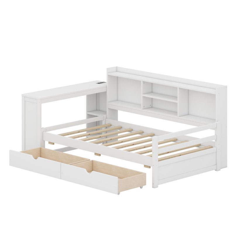 Structure de lit d'angle multifonctionnelle avec tablettes intégrées et prise de courant, Blanc