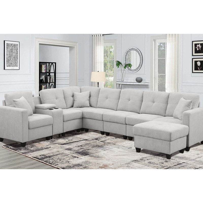 Canapé modulaire à 7 places en gris, microfibre veloutée, conception en peau, deux porte-gobelets et structure en bois massif, tissu en velours doux, coussins à haute densité, utilisation prolongée, supports, support