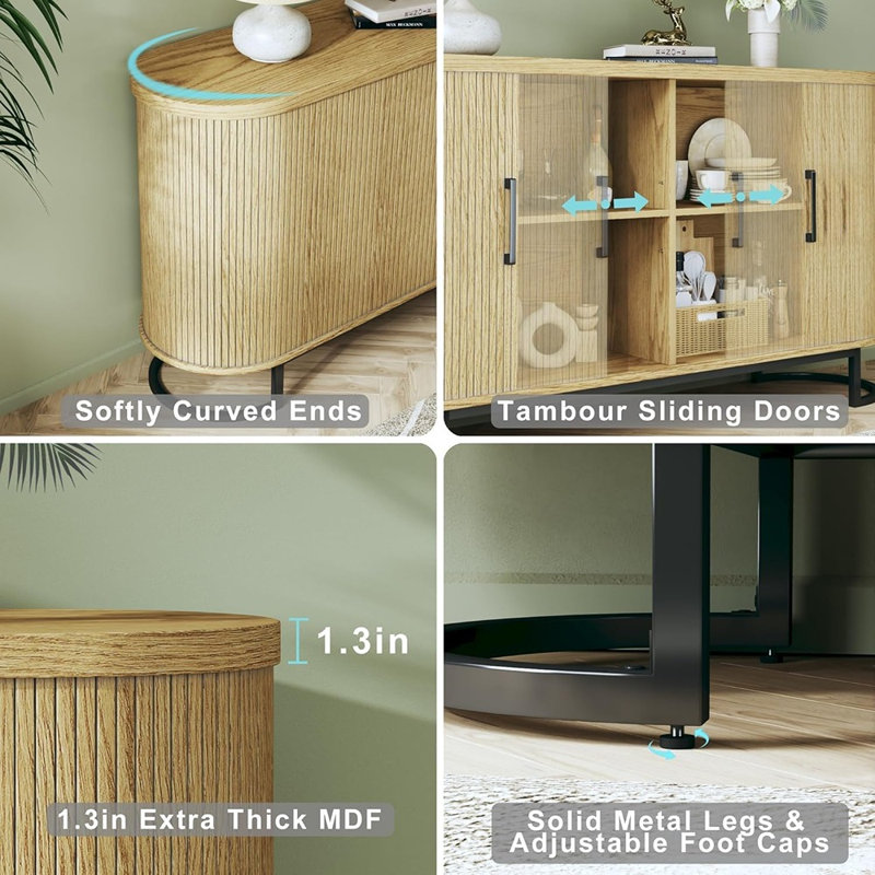 Fluted Tambour Sideboard Buffet Cabinet With Adjustable Shelves, Mid-Century Console