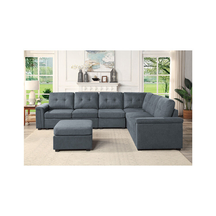 Latitude Run® Grey Woven Fabric 7-Seater Sectional Sofa with Ottoman, Symétrique