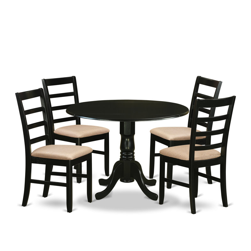 L'ensemble de table de salle à manger 5 pièces pour 4 personnes comprend une table de cuisine ronde avec Dropleaf et 4 chaises de salle à manger en tissu de lin, 42 po x 42 po, noir