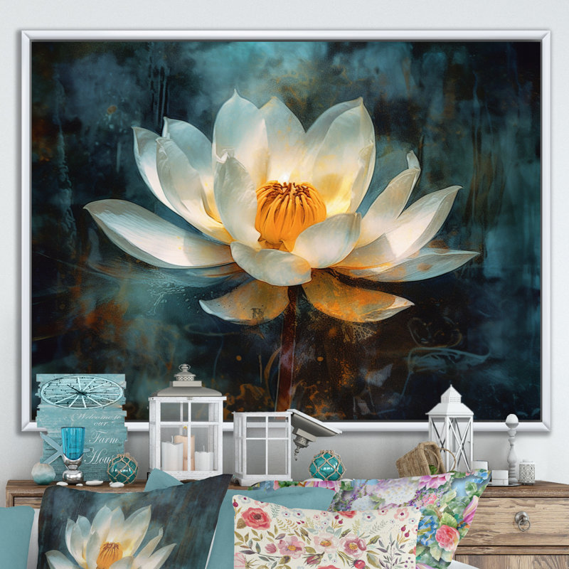 Lotus blanc rétro sur fond grunge - reproduction sur toile, H 16 po x l 32 po x P 1 po, Cadre flottant blanc