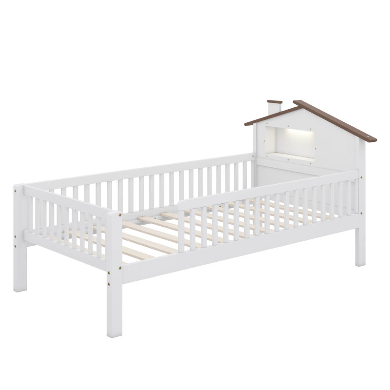 Lit simple en bois à profil bas avec tête de lit de style champêtre, éclairage à DEL et rangement compartimenté, Blanc