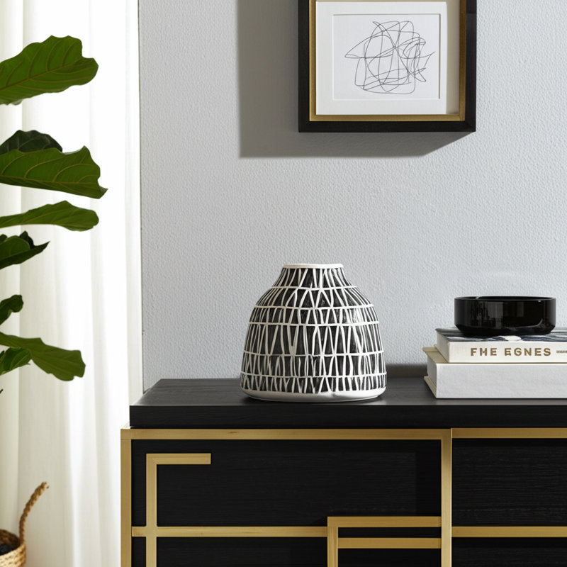 Modern Ceramic and Stoneware Vase with Embossed Geometric Pattern for Sleek Decorative Accent Display, Black