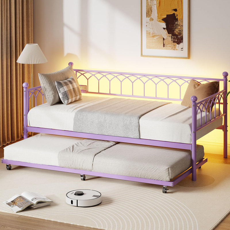 Twin Metal Daybed with Trundle & Built-in Charging Station, LED Lighted Sofa Bed Frame with Pull-Out Trundle for Bedroom, Guest Room or Small Spaces - Purple