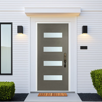 36 In. X 80 In. Gray Fiberglass Front Door With Frosted Glass And Brickmould Design