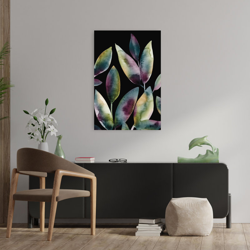 Aquarelle, feuilles, noir, 2, abstrait, contemporain, nature, plante, art mural, 36" H x 24" W
