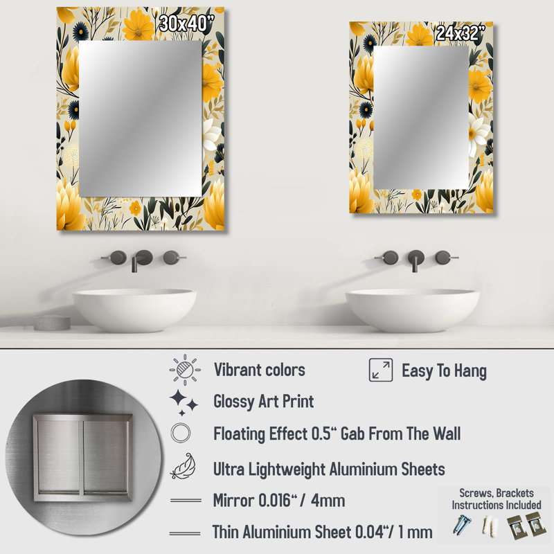 Demare, motif floral rétro botanique, miroir mural décoratif botanique, 32 po x 24 po