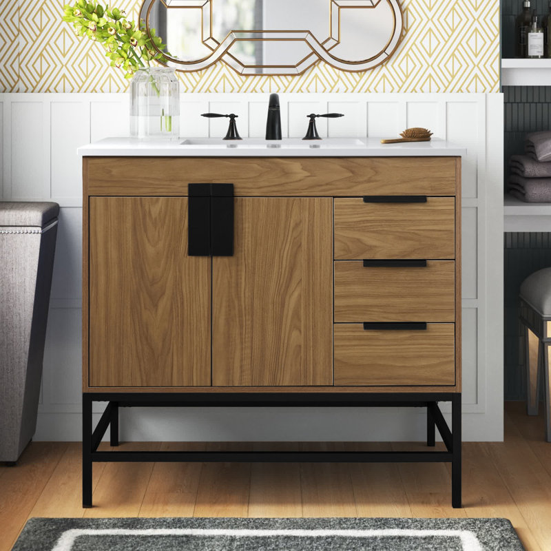 Eugene 36'' Single Bathroom Vanity with Engineered Marble Top, Teak