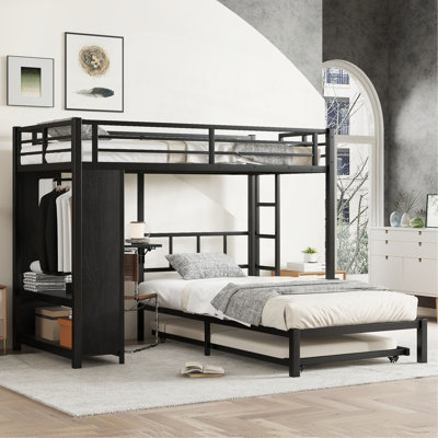 Lit superposé simple au-dessus de simple avec garde-robe intégré, lit superposé en métal avec lit gigogne, bureau pliable, échelles, conception à réduction de bruit, noir