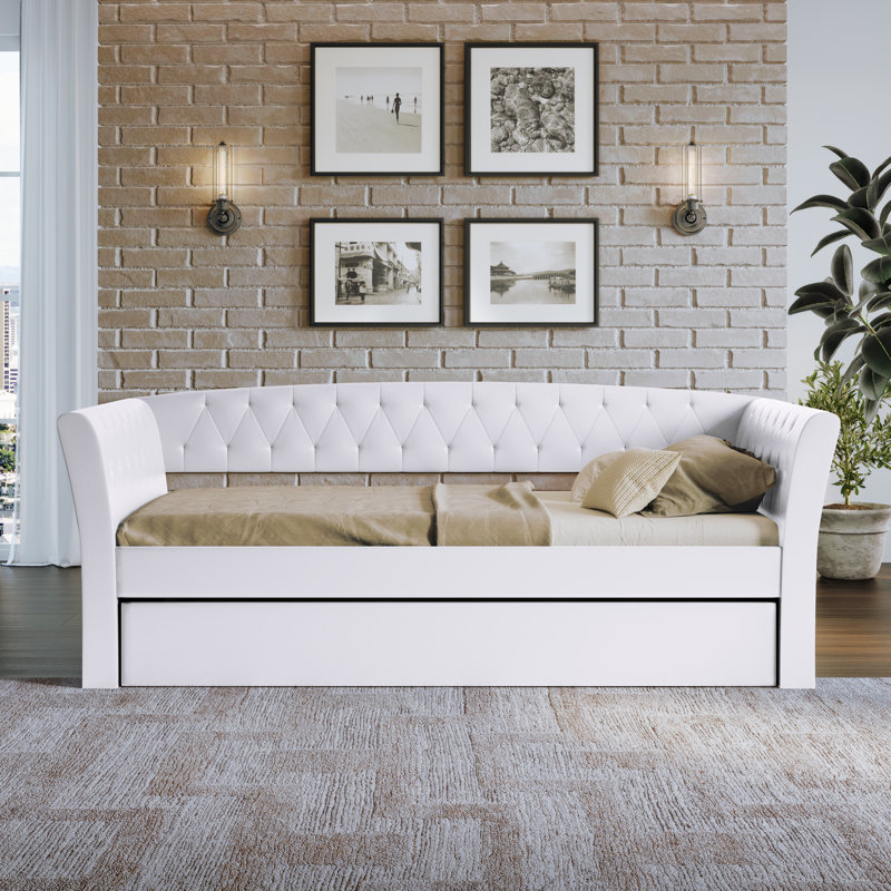 Upholstered Faux Leather Daybed with Trundle Bed, White