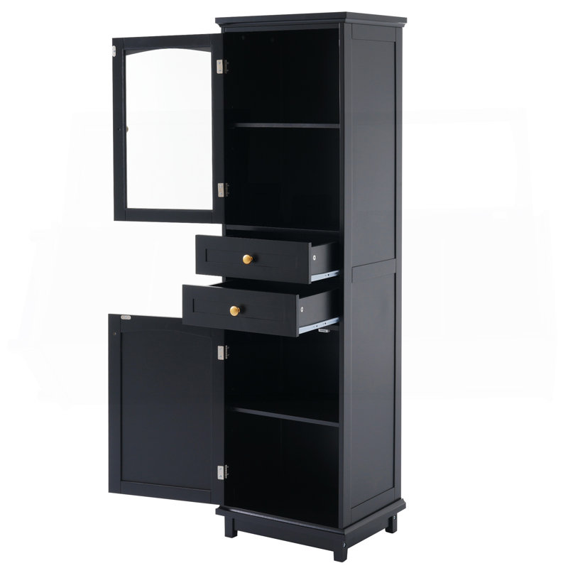 63" Tall Bathroom Storage Cabinet With Glass Doors, Free-Standing, Two Drawers, And Adjustable Shelves, MDF Board, Painted Black - For Displaying Your Favorite Items