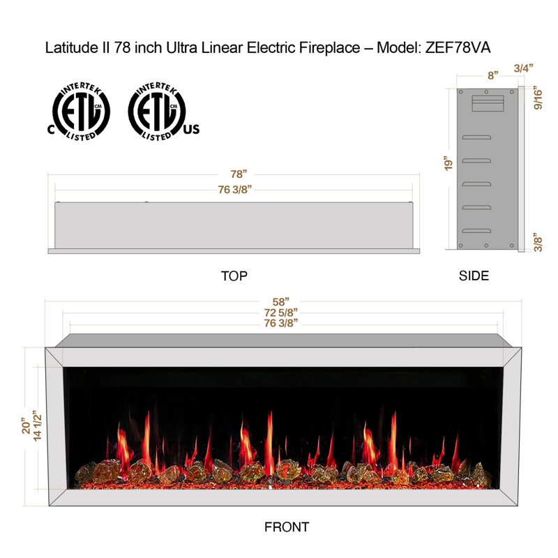 Foyer électrique intelligent 78 po LITEeer Latitude II ZEF78V | Fixation murale et encastrée ultra-mince | Bûches multi-flammes HD, avec bûches respirantes décoratives en verre ambré réfléchissant, contrôle de l'application
