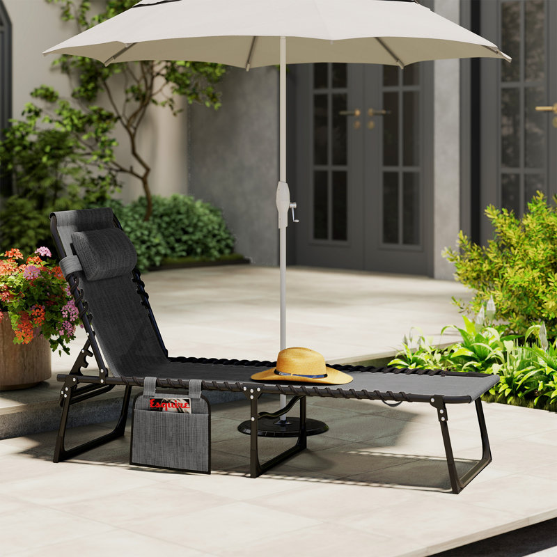 Chaise Lounge Chair Outdoor, 5-Position Adjustable Sun Tanning Chair With Carrying Handle And Side Pocket, Folding Bed Cot With Removable Pillow For Garden, Beach, Patio, Pool, Camp, Gray