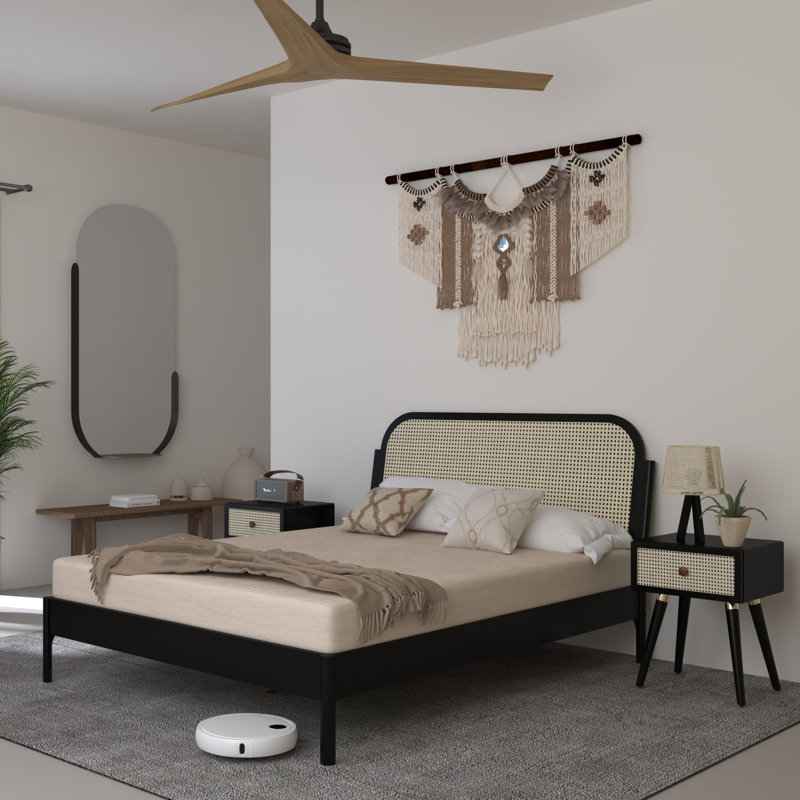 Beiro Solid Wood Rattan Platform Bed with Headboard