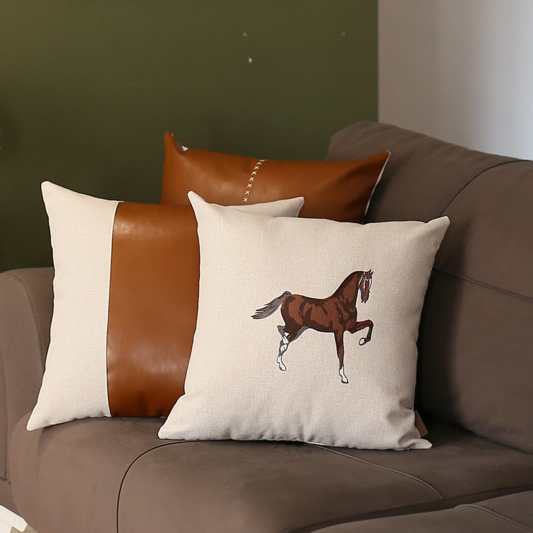 Boho Embroidered Horse Handmade Set of 2 Throw Pillow 18 x 18 Vegan Faux Leather Solid Beige & Brown Square Mike&Co. New York