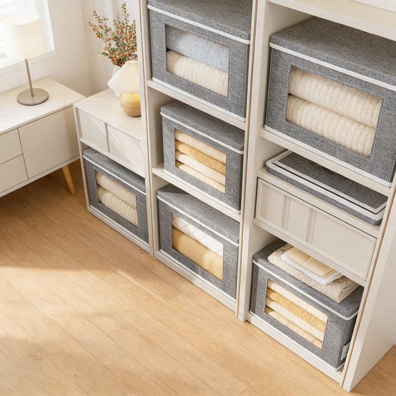 Bacs de rangement pliables en tissu avec couvercles et fenêtre transparente - grandes boîtes de rangement empilables avec poignées pour placard, tablette et rangement