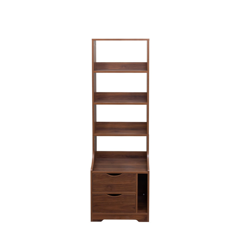 Nightstand with Bookshelf and 2 Drawers, Bedside Table with Storage Shelves for Bedroom and Living Room, Walnut