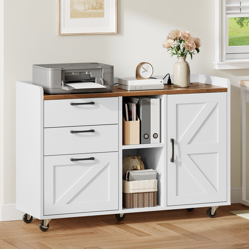 Farmhouse Filing Cabinet with Power Strip, Printer Stand with Drawers, Compartments & Storage Cabinet, for A4/Letter/Legal Size