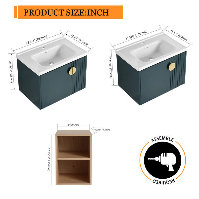68" Double Sink Wall Mounted Bathroom Vanity, Floating Vanity with 4 Doors, Ceramic Sinks & Storage Shelves, Green