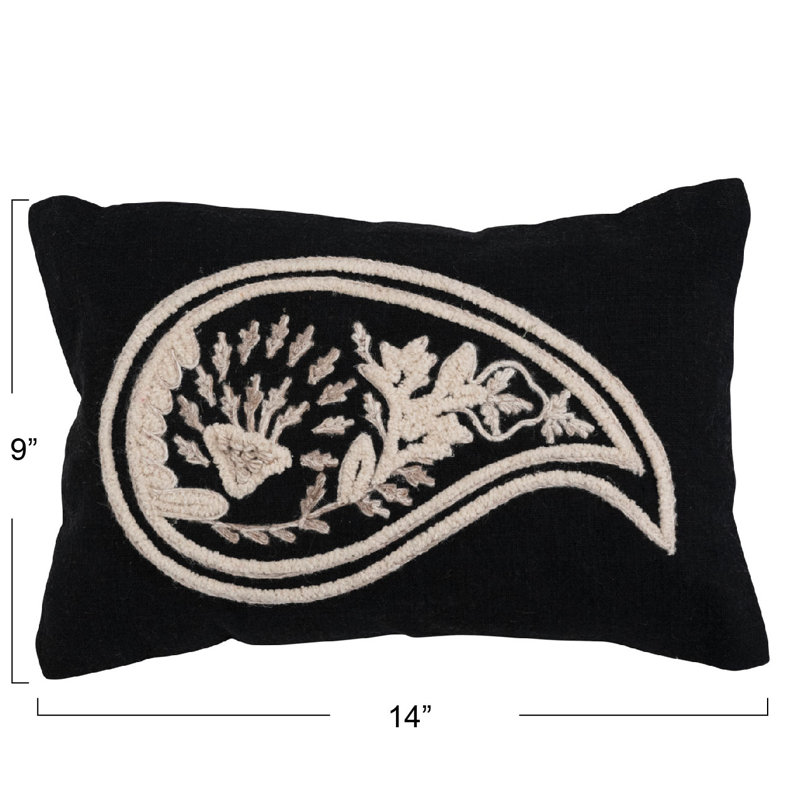 Black and White Cotton Embroidered Paisley Lumbar Pillow