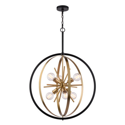 Luminaire suspendu Spoutnik moderne Mid-Century en laiton naturel doré et noir mat à 6 lumières de 26,75 po Ittai Estelle, compatible avec DEL, plafonnier suspendu à hauteur réglable pour table de salle à manger, cuisine, vestibule, chambre à coucher, îlot, vestibule