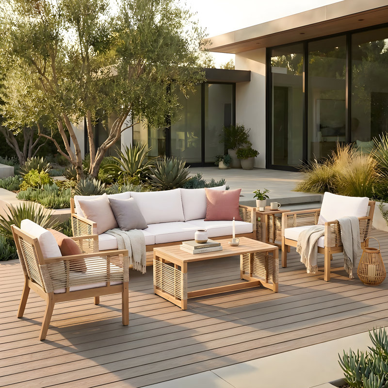 Ensemble de conversation pour patio pour 5 personnes en bois massif avec coussins