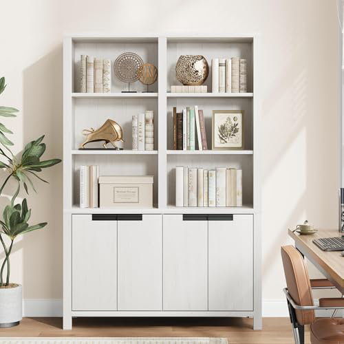 Farmhouse 5-Tier Bookshelf, 70.7" Tall Double Wide Bookcase with Doors & Cabinet, White