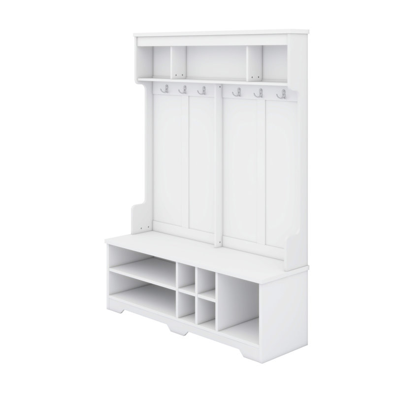 Modern Hallway Hall Tree With Metal Hooks And Storage Space, Multi-Functional Entryway Coat Rack With Shoe Cubbies, White