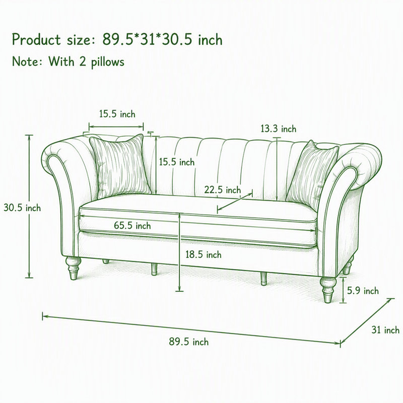 Canapé 3 places en velours de 227 cm (89,5 po) avec dossier capitonné et structure en bois massif, Velours orange foncé