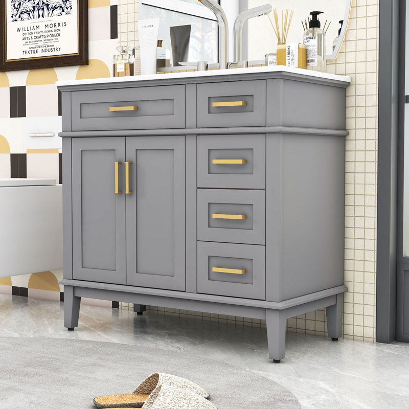 Modern Wooden Freestanding Single Bathroom Vanity with Ceramic Sink and Ample Storage, Gray