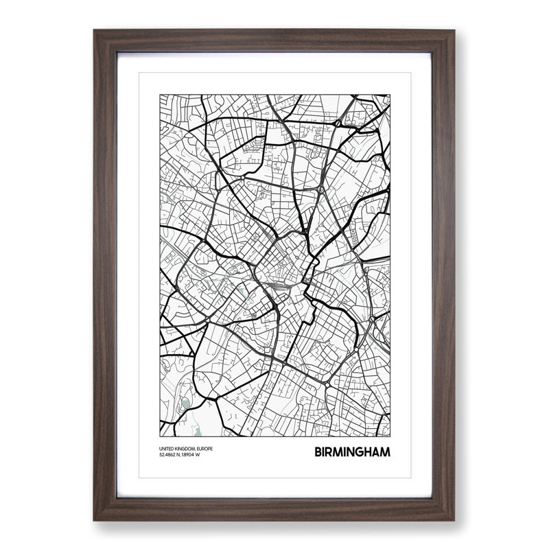 Map Birmingham UK - Picture Frame Graphic Art, 48cm H x 36cm W x 2cm D, Walnut Framed