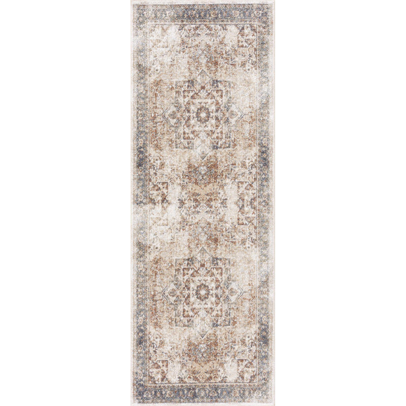 Medallion Design Performance Beige/Brown/Blue Machine Washable Area Rug, Runner 2'7" x 7'3"