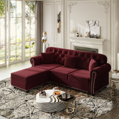 Canapé Chesterfield rembourré en velours avec garniture cloutée et accoudoirs roulés, canapé style Mid-Century moderne capitonné avec boutons, comprenant 3 coussins (1 repose-pieds)
