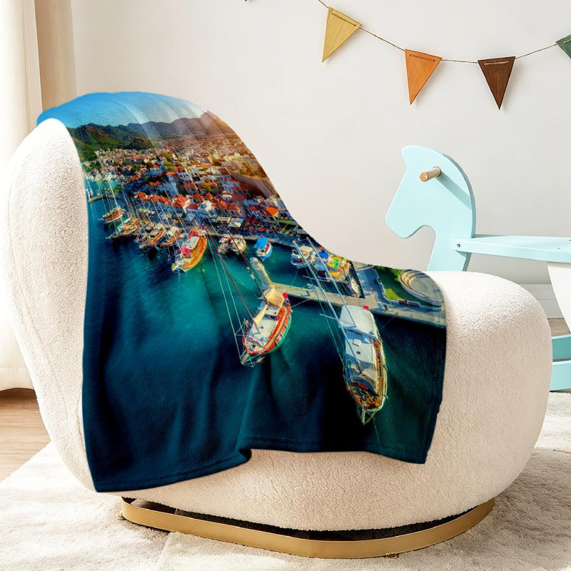 Jeté en flanelle bleue ultra douce, vue aérienne de bateaux et imprimé recto, Jeté 30 po x 40 po