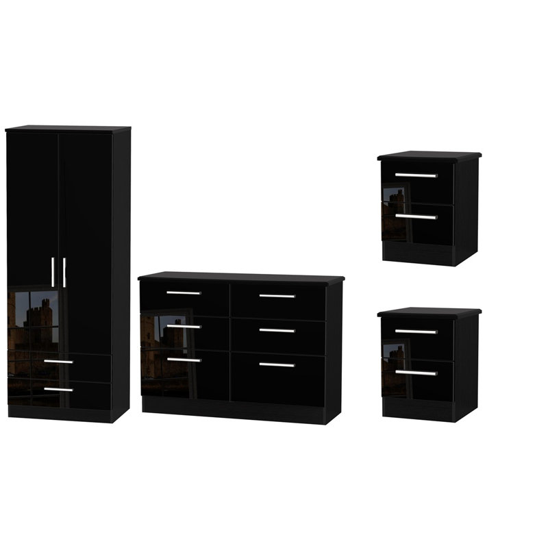 Yvette 4 Piece Bedroom Set, Black / Black
