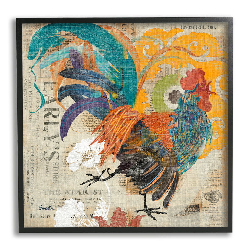 Country Rooster, collage rétro - impression, Giclée encadrée noir minuit, H 12 po x l 12 po x P 1,5 po