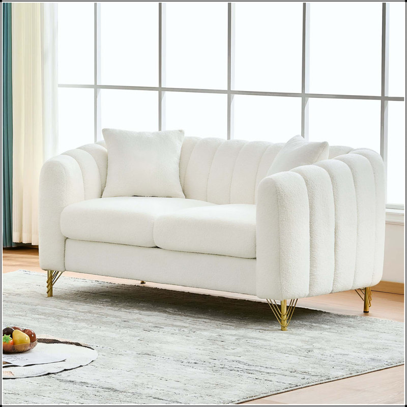 Canapé 61 po en chenille avec pieds en métal doré 61 po, Chenille blanche