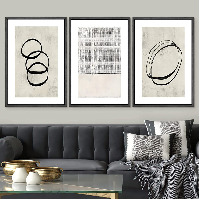 " Neutral Geometric Ring Grid Landscape Abstract Wall Art " 3 - Pieces, 24" H x 48" W, Black