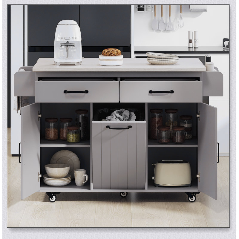 Versatile Kitchen Island with Trash Can Storage, Drop Leaf, Spice Rack, Towel Rack, and Adjustable Shelf on Wheels