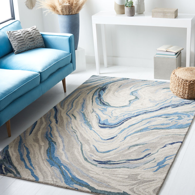 Tapis bleu / beige en laine / coton touffeté à la main Soho, Rectangle de 5 pi x 8 pi