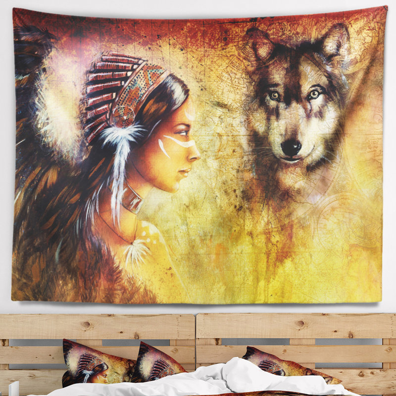 Portrait femme avec tapisserie de loup, H 32 po x l 39 po