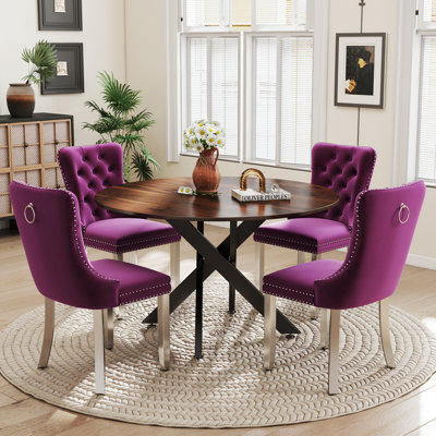 Round Wooden Dining Set with Tufted Dining Chair