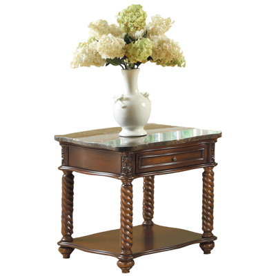 Finish Wooden End Table, Marble Top, Drawer, Lower Shelf, Spiral Legs, Living Room Elegant Style Formal Table With Marble, , Splendid Piece