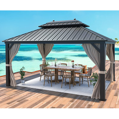 10'x13' Hardtop Gazebo With Galvanized Steel Roof & Aluminum Frame, Double-layer Canopy With Netting & Curtains, Permanent Outdoor Pavilion For Patio And Backyard, Brown