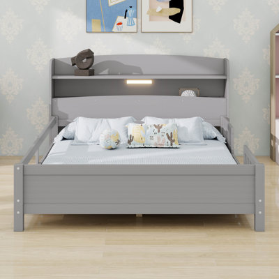 Wood Platform Bed With LED Motion Sensor Light ,Storage Shelves And Rails