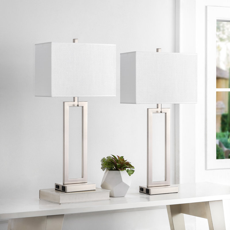 28.5" Metal Table Lamp Set With USB, Type-C Ports And Built-in Outlet , Nickel